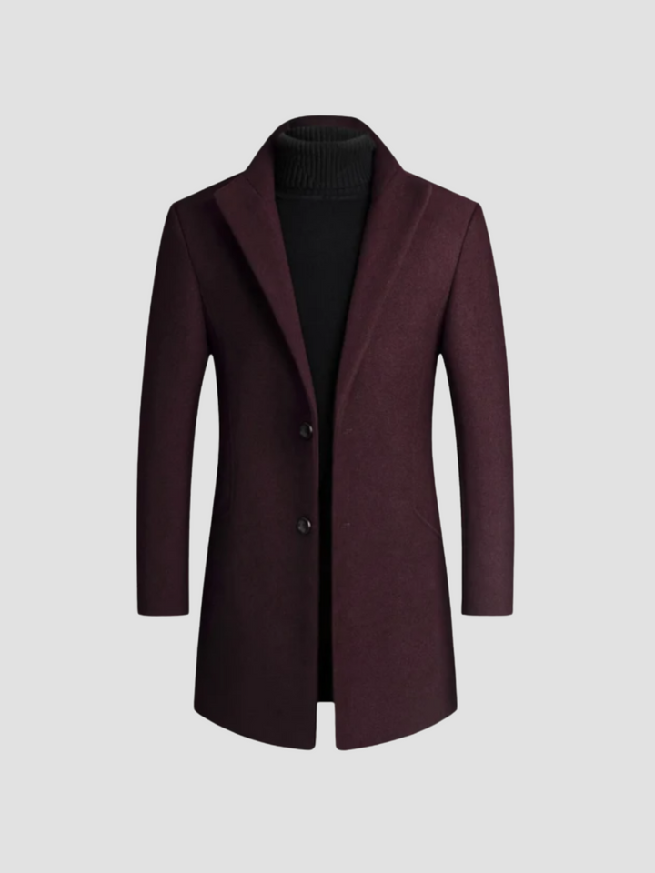 Stylish men's winter overcoat. Classic button-front design for smart cold weather fashion and outerwear.
