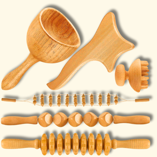 Ergonomic wood therapy tools kit for professional body sculpting, circulation, & lymphatic drainage.