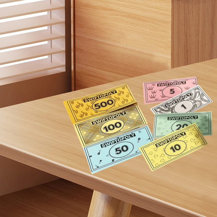 Colorful game tokens, dice, and music cards spread out, inviting players to a family strategy board game.