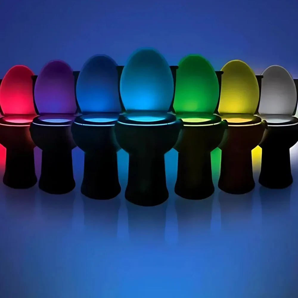 Modern color-changing LED toilet light clips easily onto rim. Motion sensor activates a soft, essential bathroom glow.
