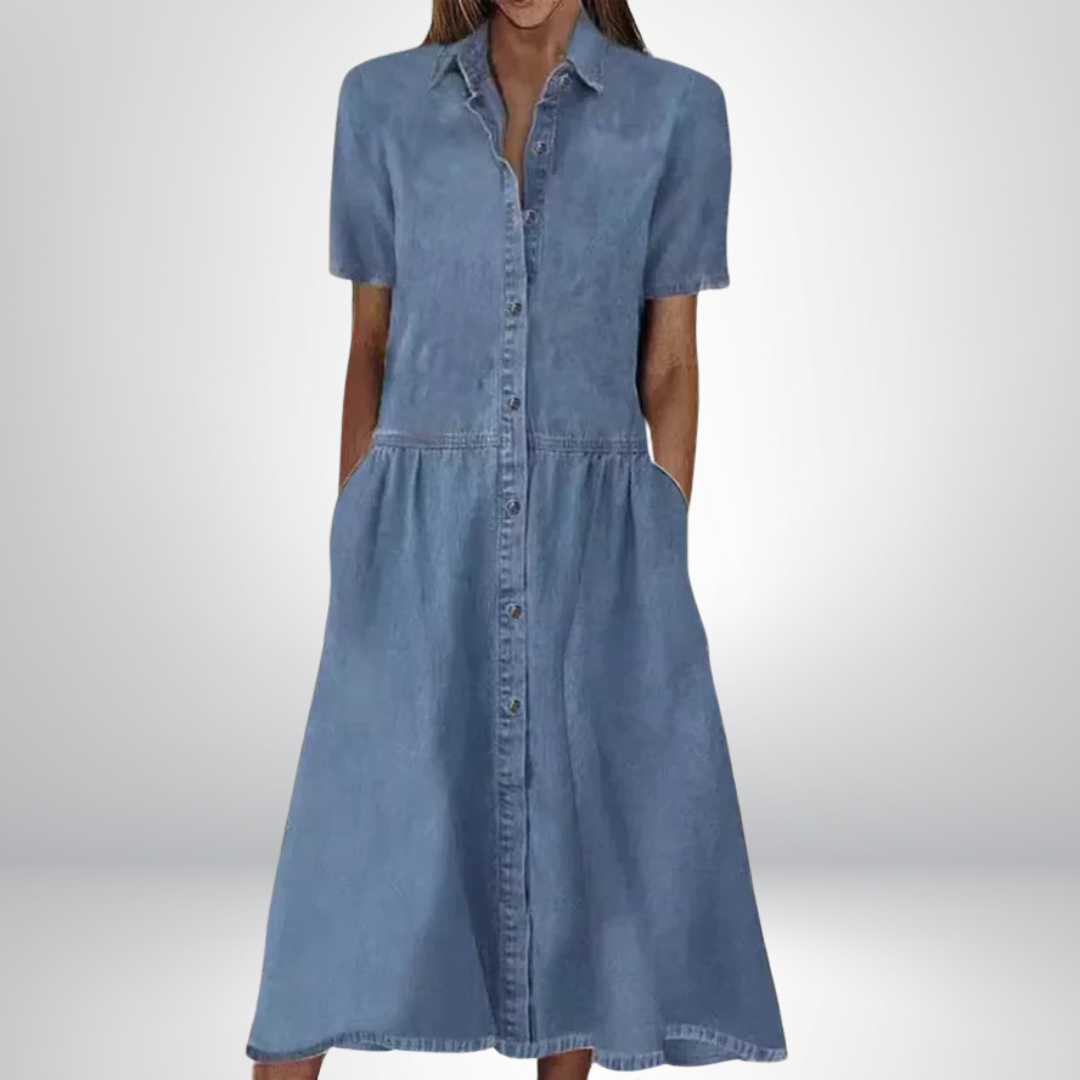 Stylish women's blue everyday dress, versatile & comfortable. Perfect casual flattering modern wardrobe essential.