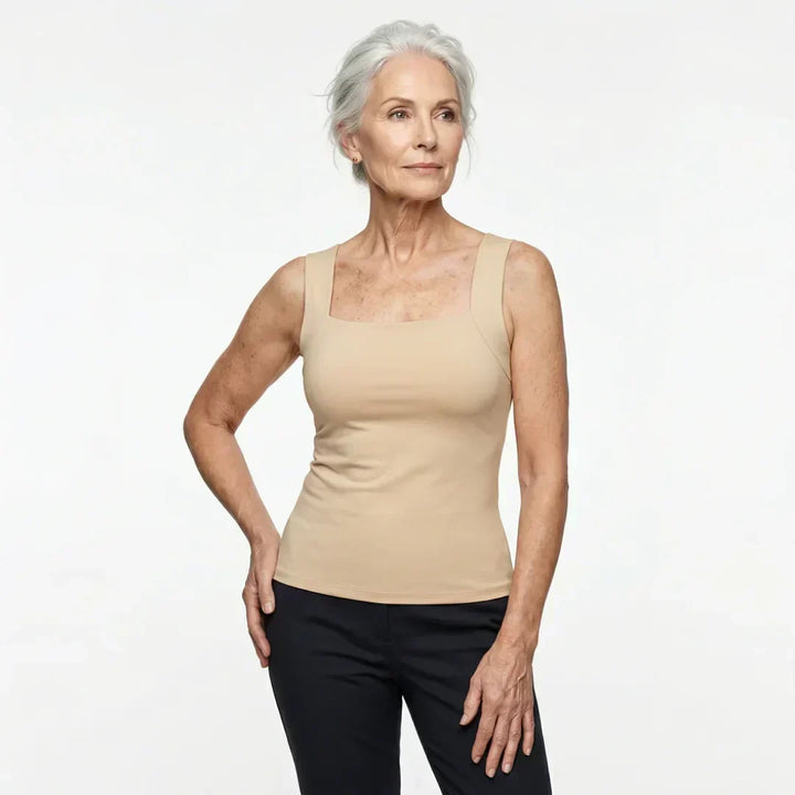 Lightweight summer women's tank top with built-in bra for cool, comfortable everyday style.