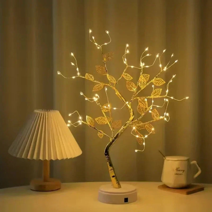 Warm White Golden Leaf LED Bonsai Tree Lamp by Nvroome Lights. Perfect for elegant home decor.