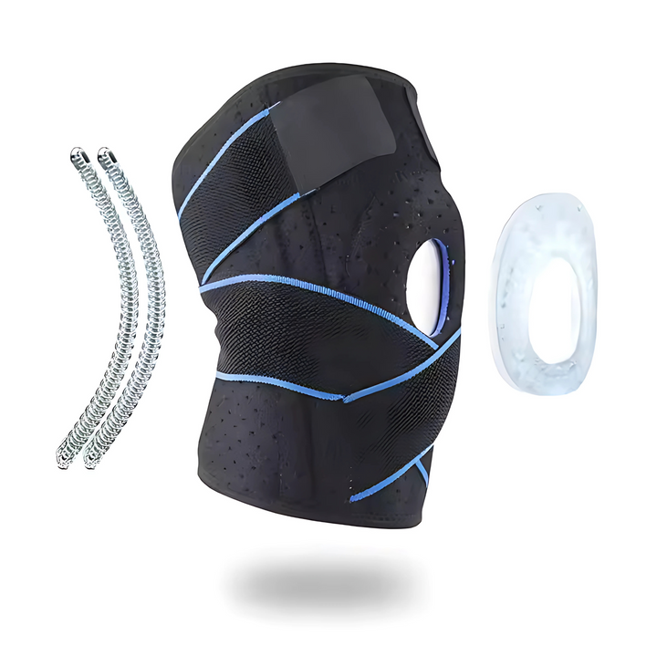 Neoprene knee brace for joint pain relief, improved circulation, and patella stability. Adjustable.