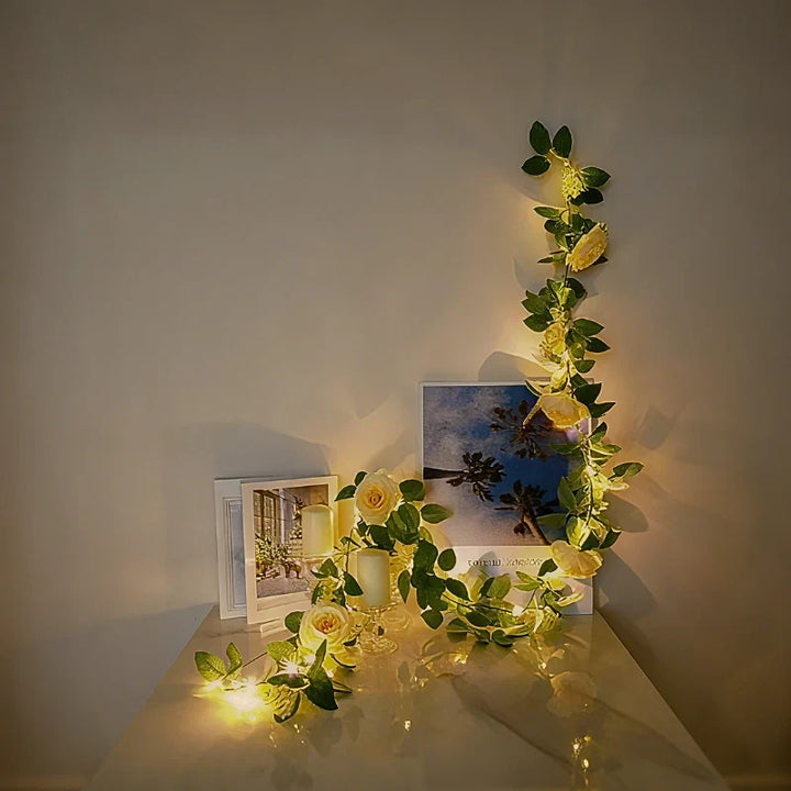 Decorative LED leaf garland string lights, warm white, great for adding a natural accent to walls.