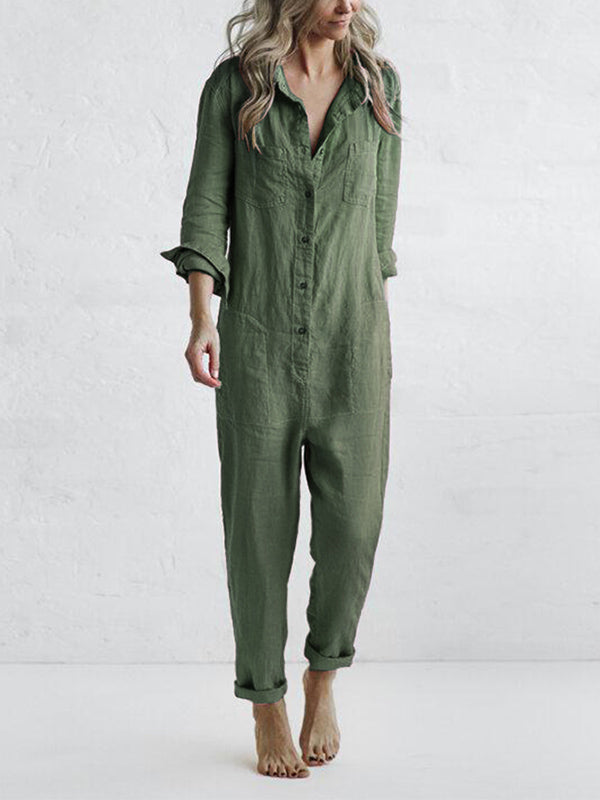 Women's effortless long sleeve button-front jumpsuit. Relaxed fit, versatile for casual or evening wear.