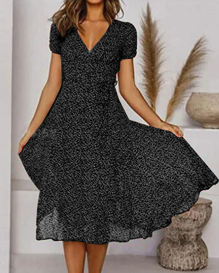 Aurora women's black V-neck puff sleeve fit & flare midi dress, perfect for elegant parties or versatile casual wear.