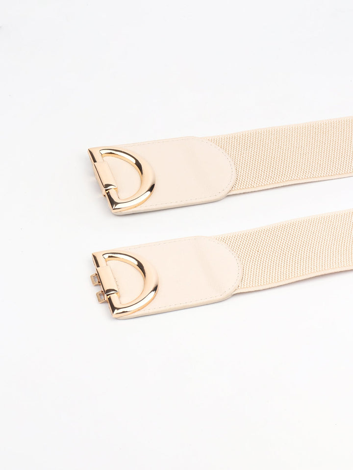 Must-have women's wide elastic waist belt with a stylish gold buckle for fashion-forward looks.