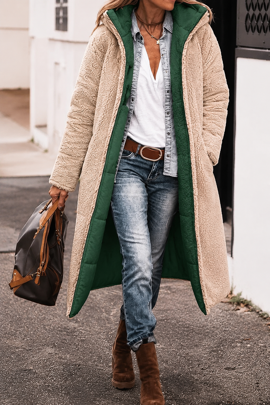 Fashionable brown women's reversible fur jacket, perfect for versatile winter outfits.