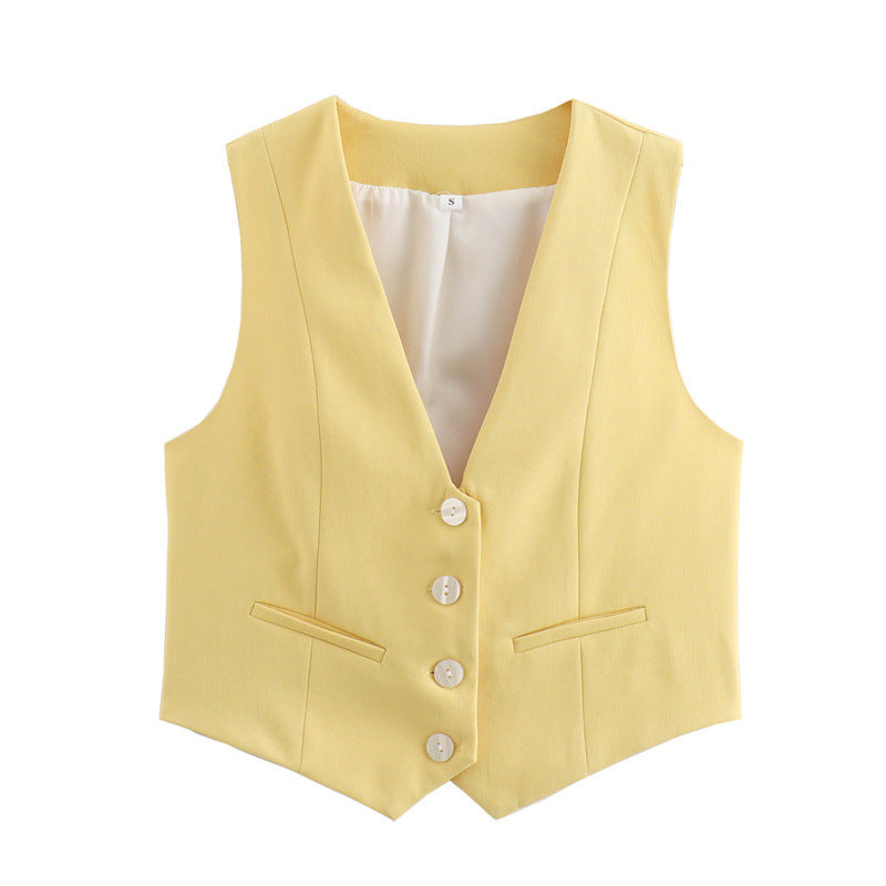 Women's tailored vest, front view, showcasing its sleek design and structured fit.