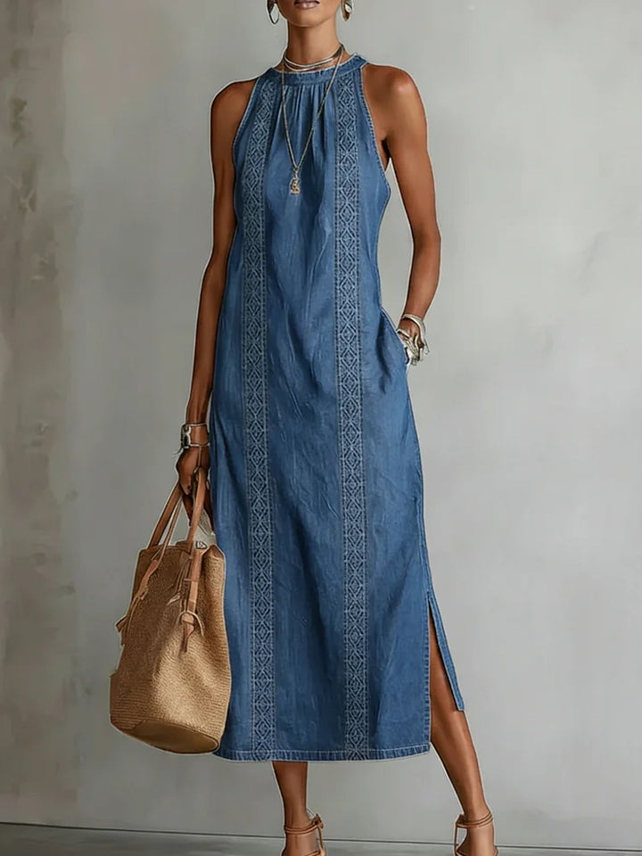 Women's blue halter neck A-line maxi dress with pockets, perfect for summer casual wear.