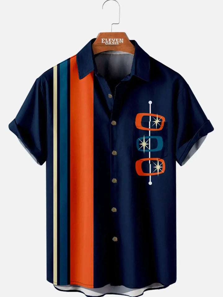 Stylish men's retro summer shirt, short sleeve button-down. Geometric pattern, great for parties, casual or resort wear.