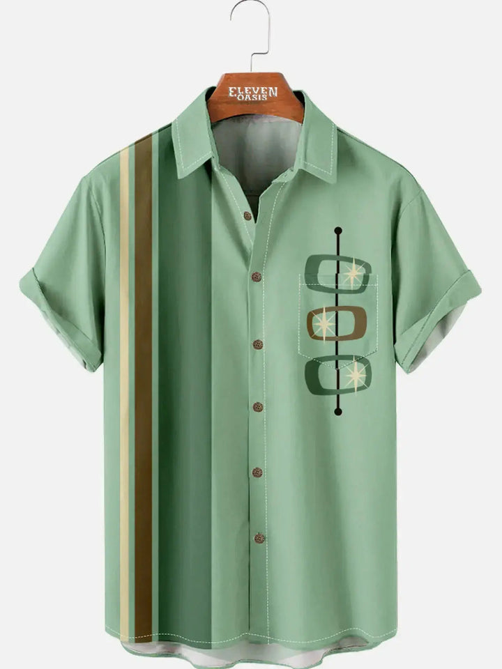 Vintage men's bowling shirt with unique geometric print. Short sleeves, button-down for summer comfort & style.