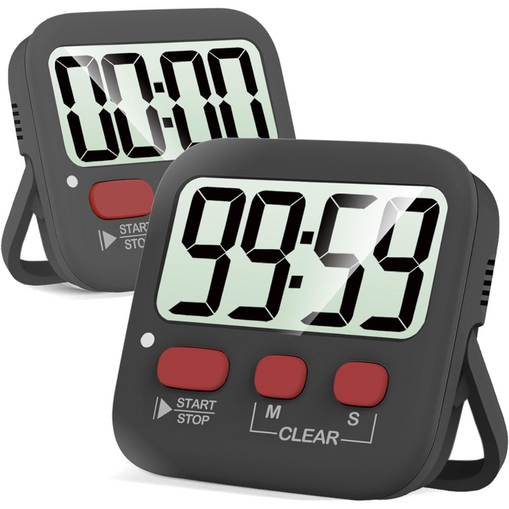Two digital kitchen timers, perfect for cooking & studying. Magnetic backing for easy placement.