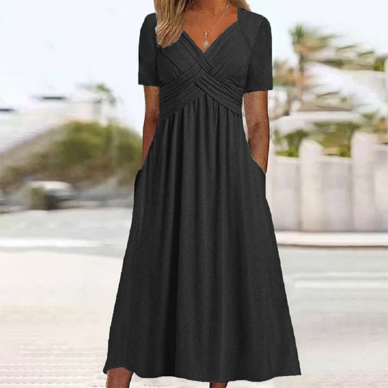 Elegant women's luxe V-neck dress with short sleeves, perfect for summer casual or day wear. Comfortable & flattering.