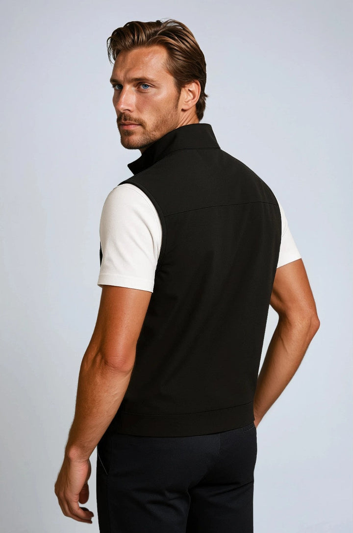 Black casual men's vest featuring a sleek stand collar. Essential sleeveless layering jacket for modern menswear.