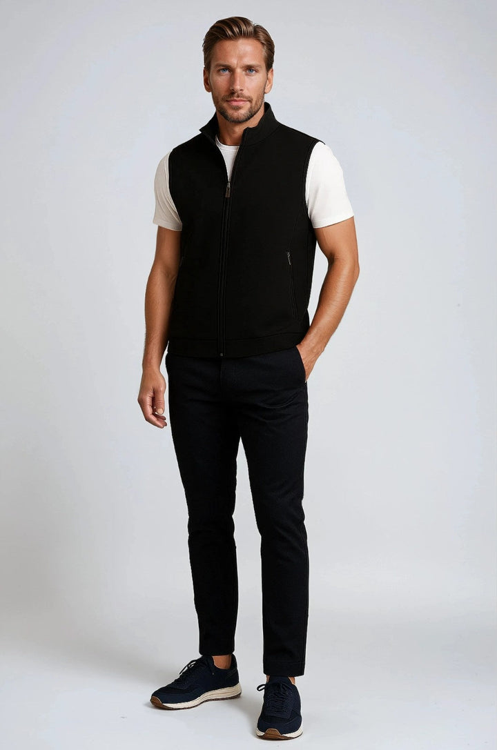 Stylish men's black casual stand collar vest. Ideal sleeveless outerwear for layering and everyday mens fashion.