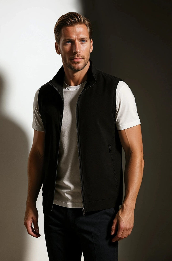 Dark black men's casual vest, featuring a stand collar design. Stylish sleeveless jacket for layering and outerwear.