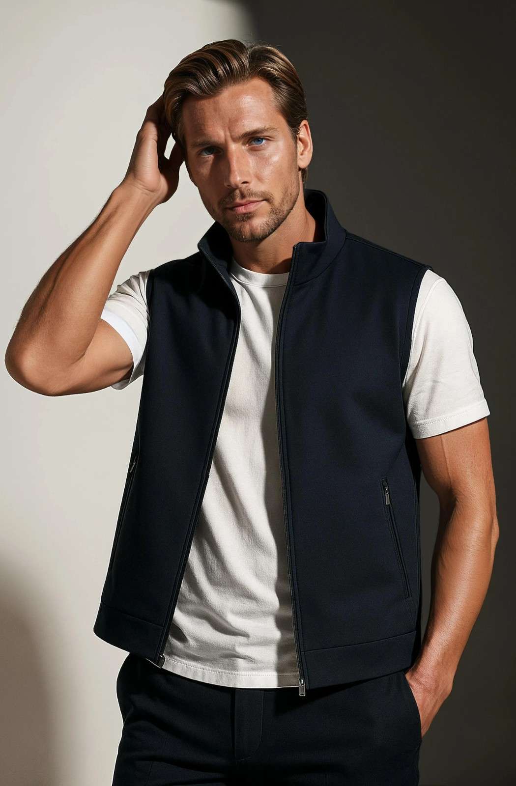 Men's navy blue casual stand collar vest, a practical and fashionable layering outerwear.