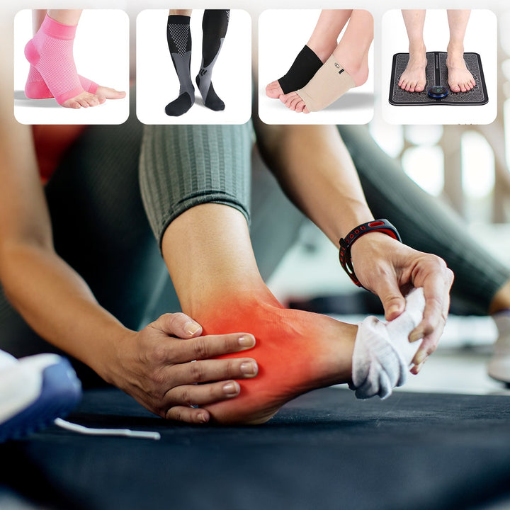 Comprehensive foot care bundle for tired feet, sore legs, and swelling relief, including compression and support.