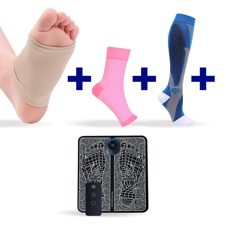 Foot pain relief bundle featuring compression socks, arch support & massage tools for leg & foot pain management.