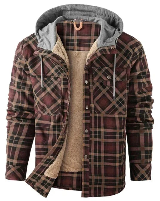 Close-up of men's Ragnar plaid outdoor jacket fabric, showcasing insulation & durable water-repellent finish.