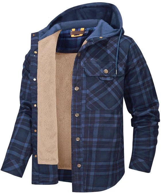 Stylish men's lumberjack plaid outdoor jacket with insulation, ideal for casual fall & winter wear.