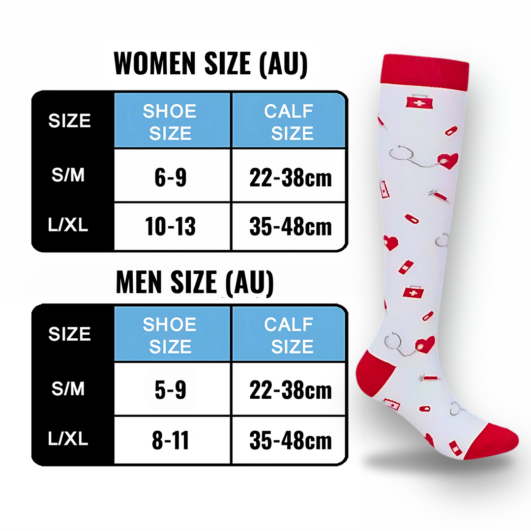 Fashionable patterned compression socks providing medical-grade leg support & boosting circulation.