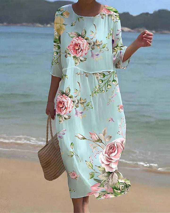 Elegant women's floral print midi dress with tummy control, perfect for summer parties or casual wear.