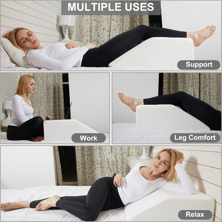 Wedge-shaped leg elevation pillow designed for pain & swelling relief, promoting healthy circulation & recovery.