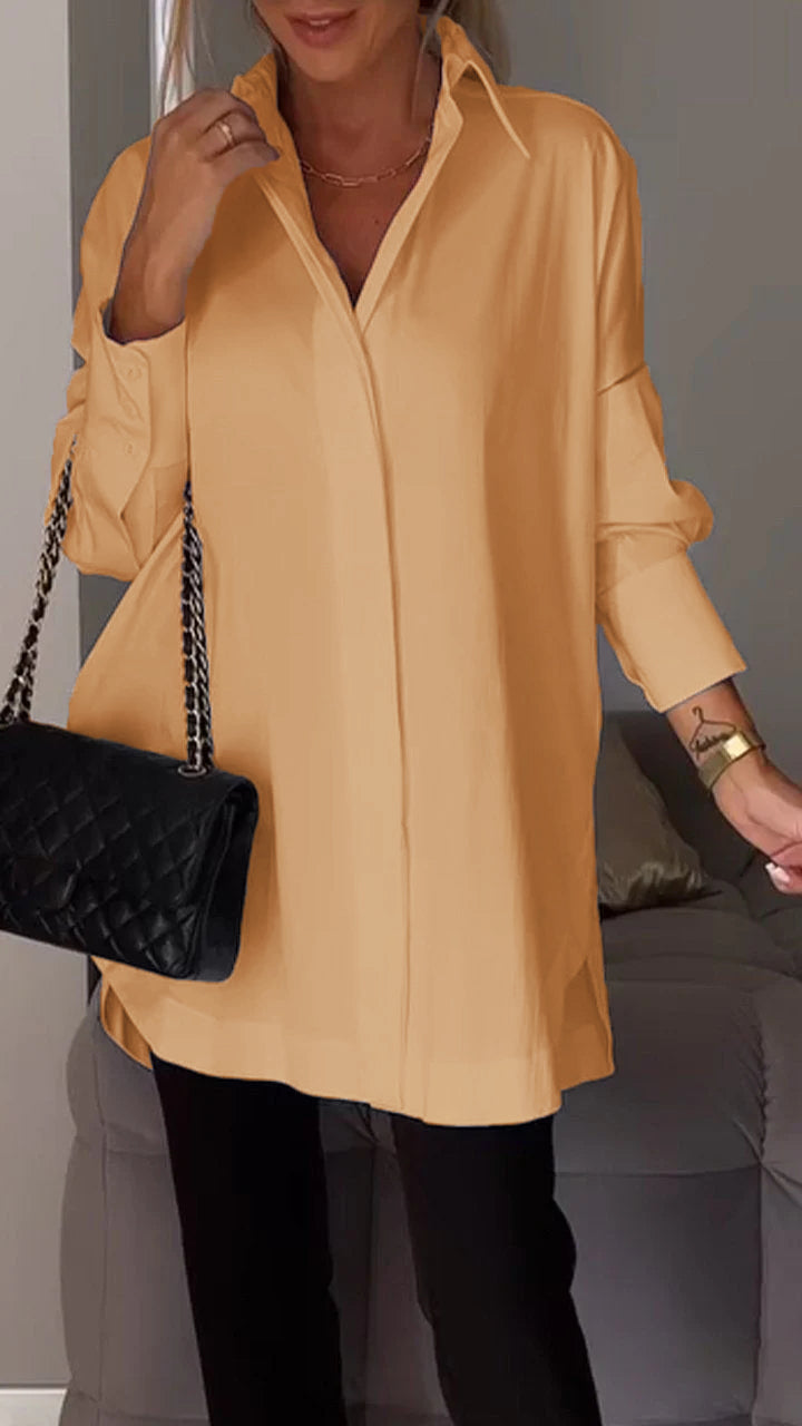 Versatile women's elegant lapel blouse, long sleeve, suitable for work or elevated casual outfits.