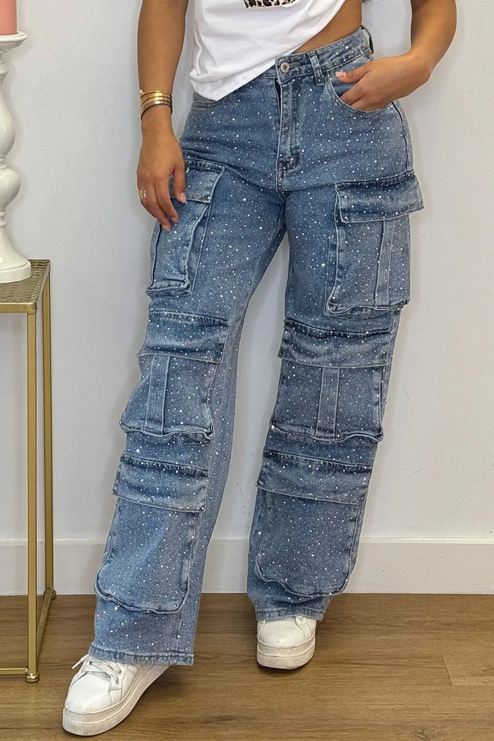 Durable denim women's cargo pants, adorned with sparkling rhinestones for a stylish, embellished fashion look.