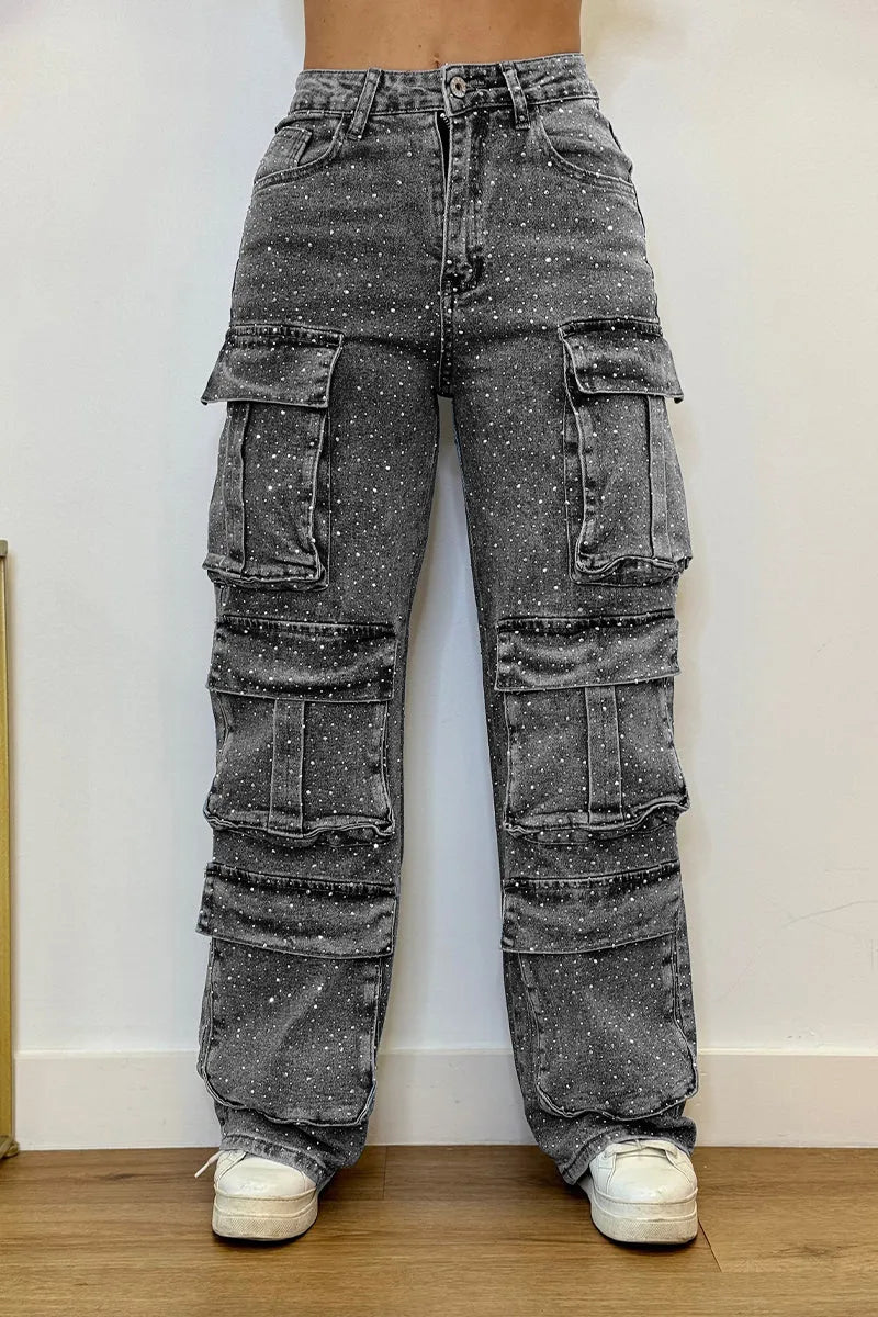 Modern women's fashion jeans: rhinestone embellished cargo pants. Trendy bottoms with a stylish utility edge.