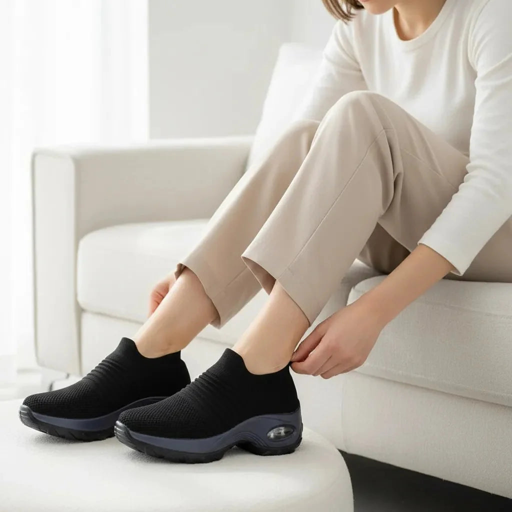Women's Black walking sneakers with strong arch support, slip-on design for easy wear.