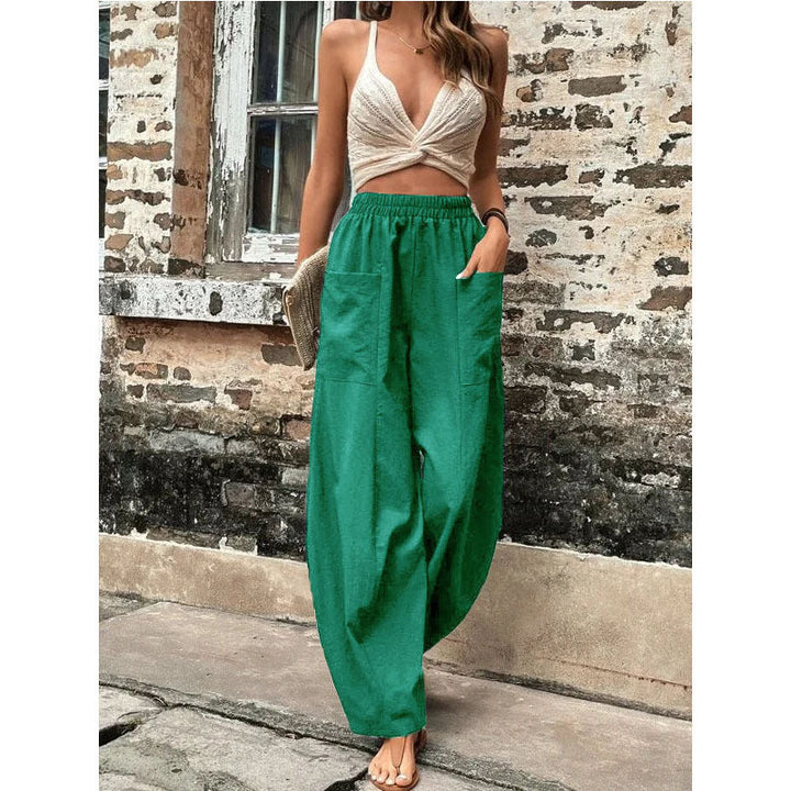 Versatile women's wide-leg palazzo trousers; ideal for casual outings or elevated elegant looks.