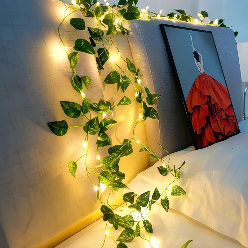 Decorative LED leaf string lights, warm white glow, enhancing home atmosphere & outdoor spaces.