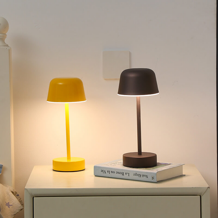 Dimmable flare table lamp, modern design, cordless & rechargeable for versatile home decor.