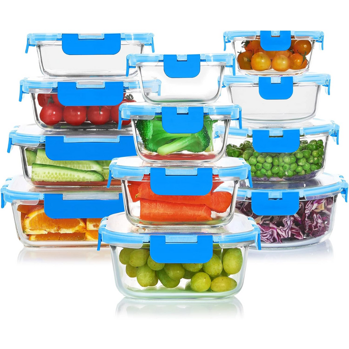 Premium 24-piece airtight glass food storage set for kitchen organization, healthy meal prep & freshness.