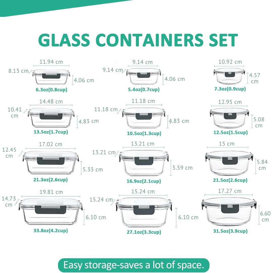 Multi-color 24-piece airtight glass food storage containers, perfect for meal prep, oven & freezer safe.