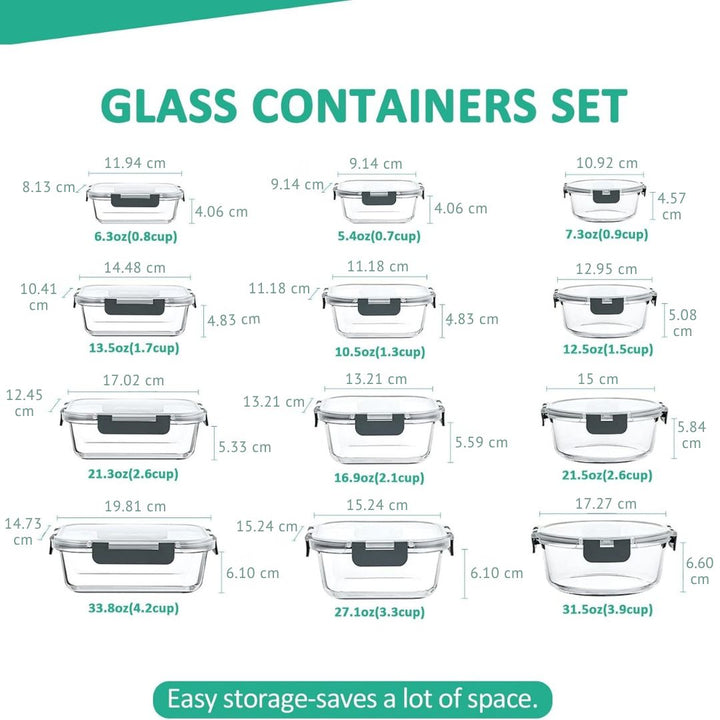 Multi-color 24-piece airtight glass food storage containers, perfect for meal prep, oven & freezer safe.