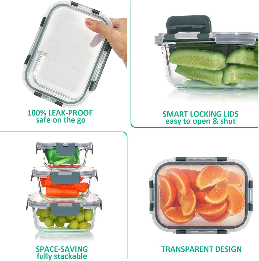 Stackable 24-piece airtight glass food storage set for kitchen, perfect for meal prep, oven, freezer safe.