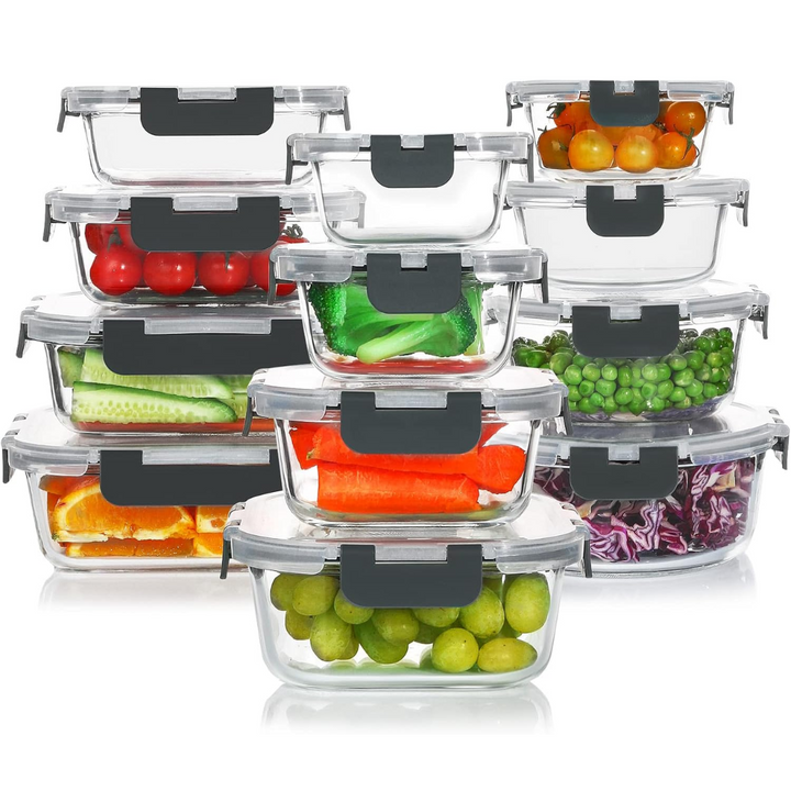 Versatile 24-piece airtight glass containers, BPA-free, oven, freezer, microwave safe for food storage.