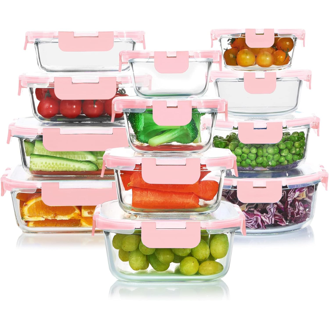 Airtight 24-piece glass food storage set, ideal for keeping leftovers fresh & organized in the kitchen.