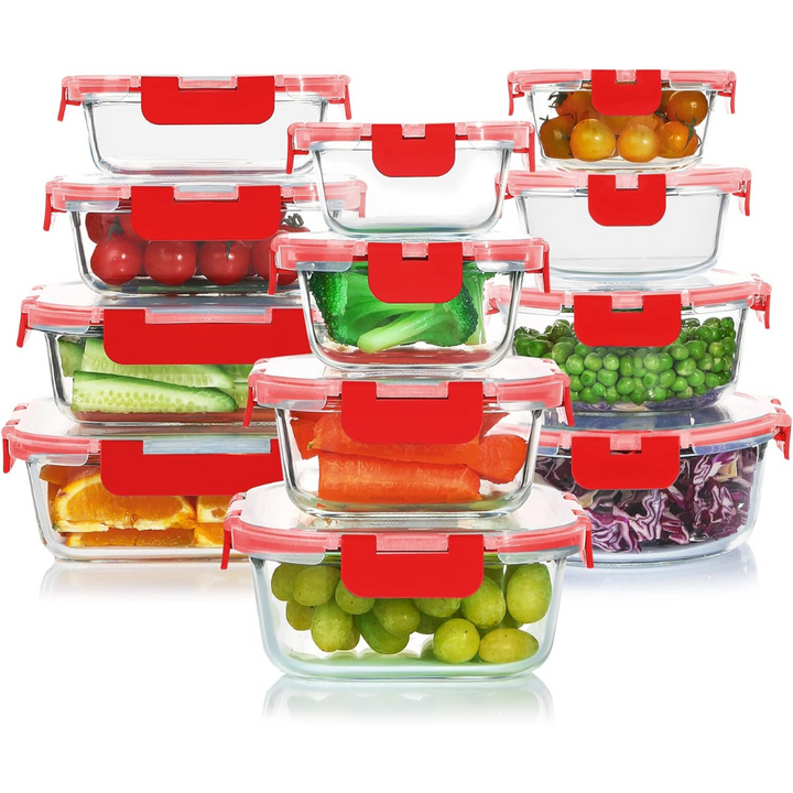 24-piece glass meal prep containers with airtight lids, stackable design for efficient kitchen storage.
