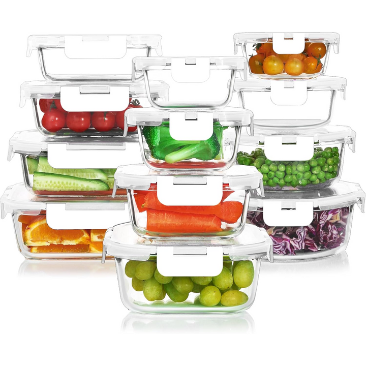 PurePreserve airtight glass food storage set (24 pcs), durable & oven/freezer/microwave safe for daily use.