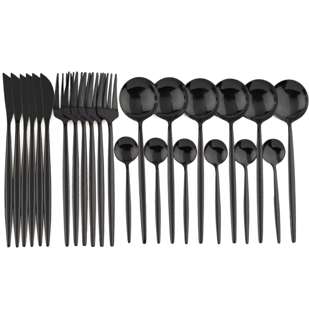 Sleek black stainless steel 24-piece cutlery set, modern flatware for a stylish dining table setting.