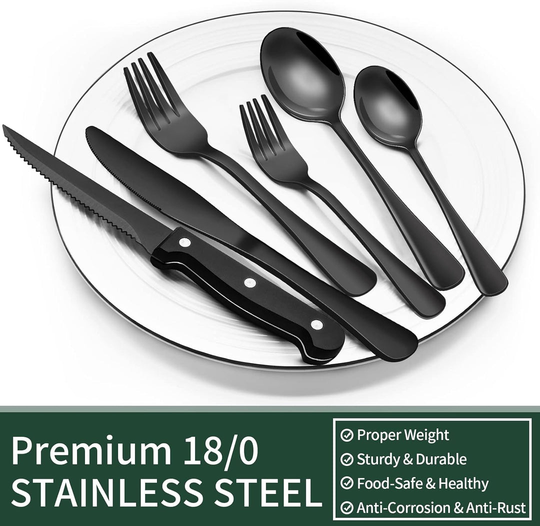 Modern 24-piece black stainless steel cutlery set, sleek flatware ideal for contemporary kitchen dining.
