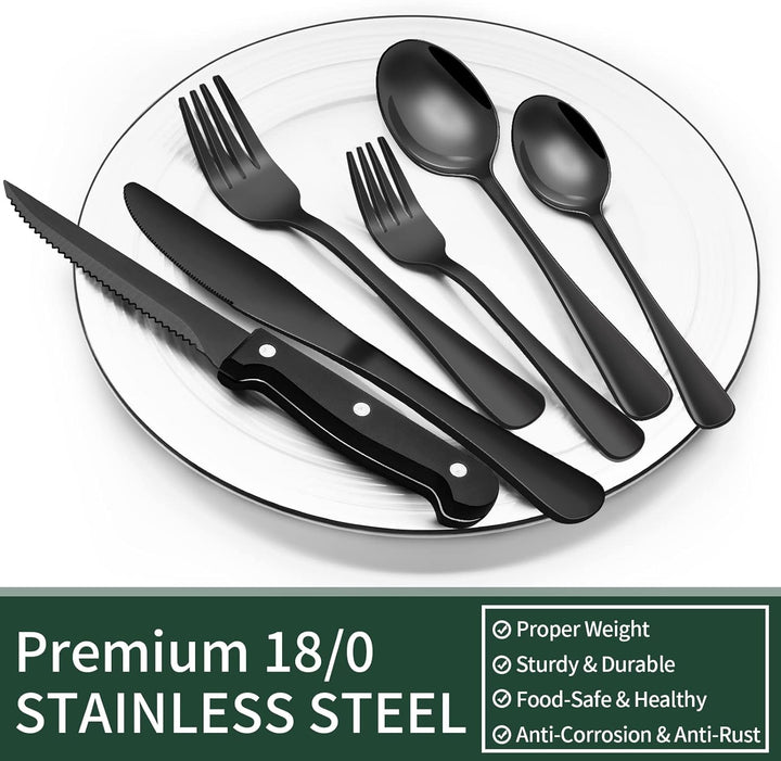 Modern 24-piece black stainless steel cutlery set, sleek flatware ideal for contemporary kitchen dining.