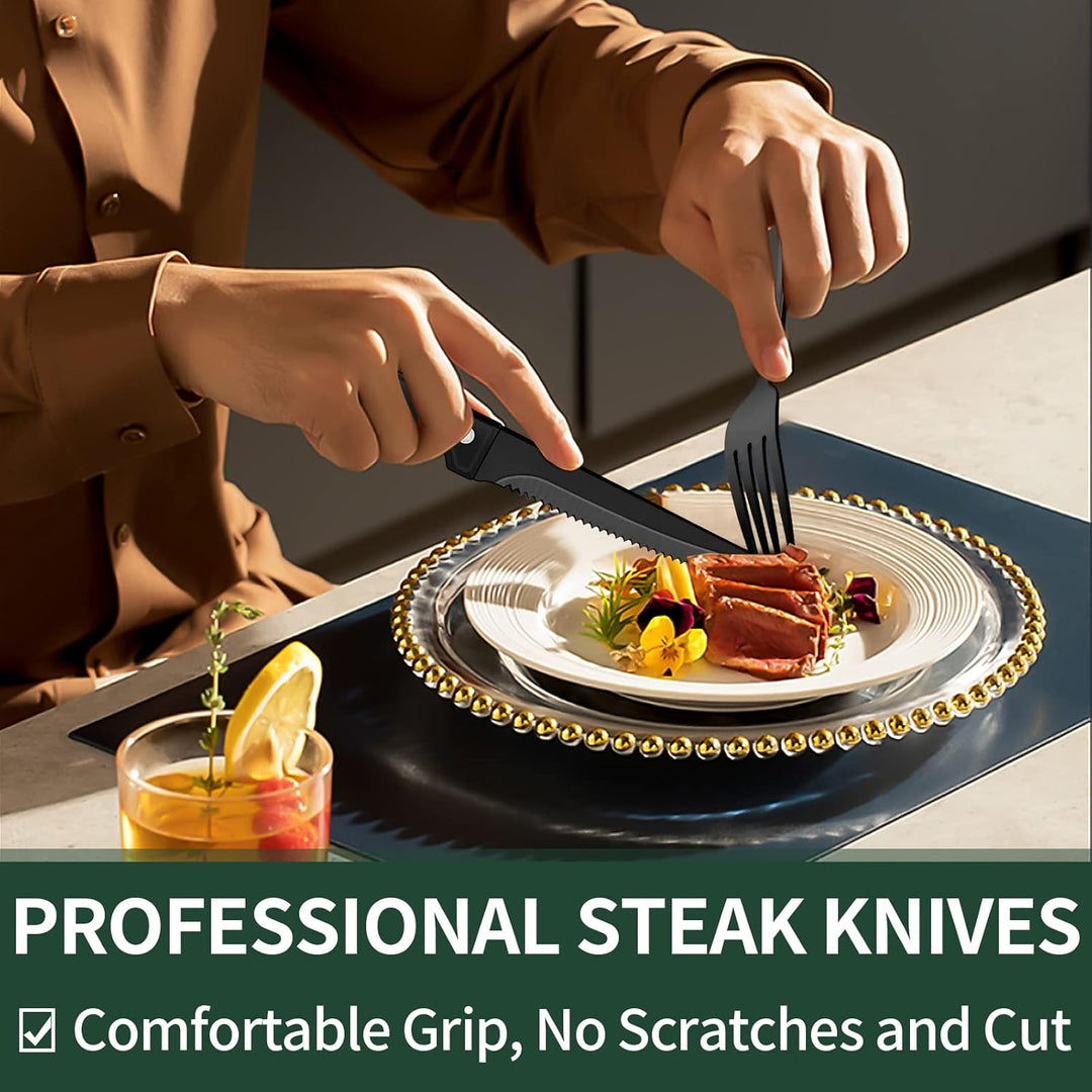 Elegant 24-piece black stainless steel cutlery set, perfect modern flatware gift for home dining & decor.