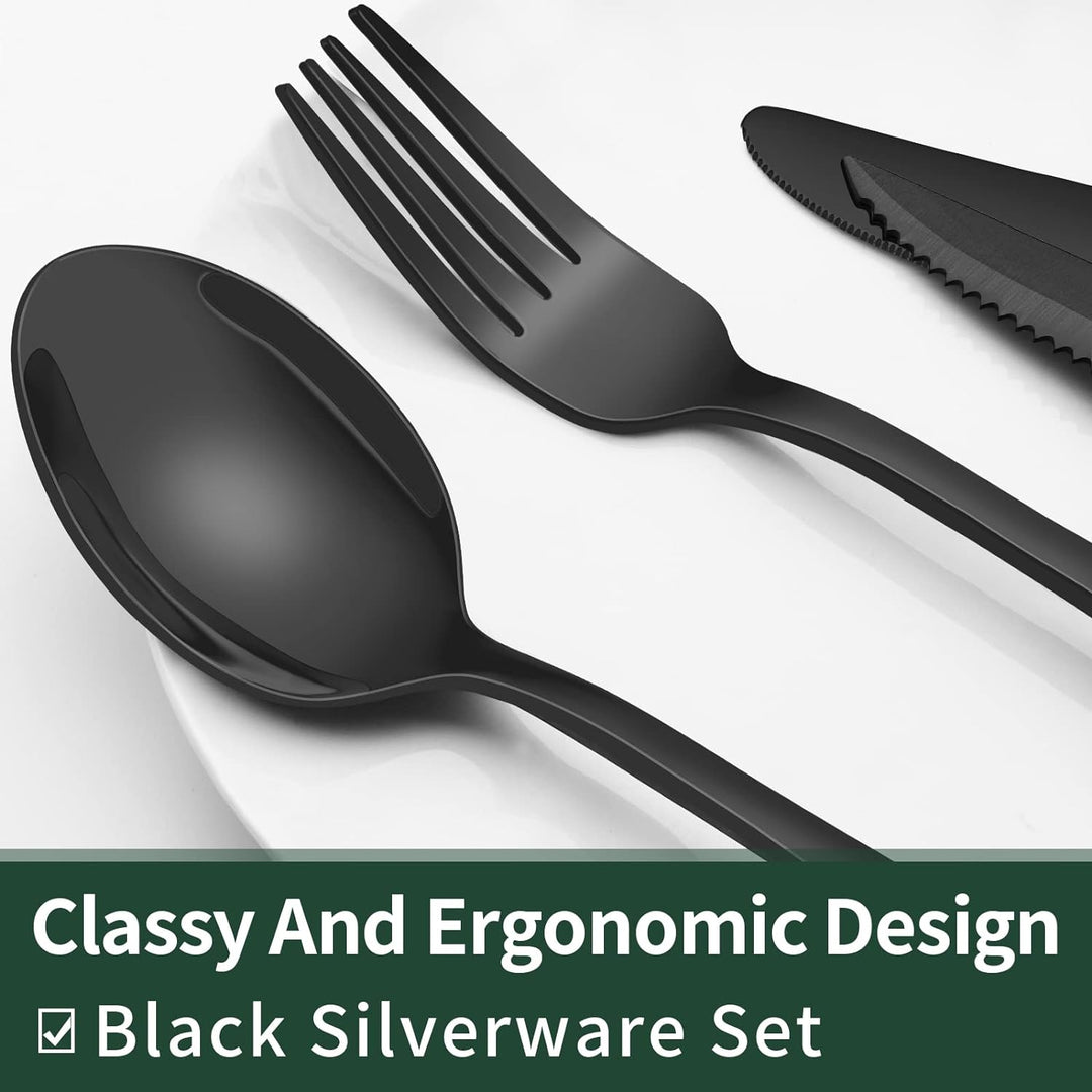 Complete 24-piece black stainless steel flatware set, durable and modern cutlery for everyday dining.